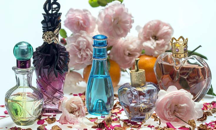 Assorted designer perfumes with roses and citrus in background