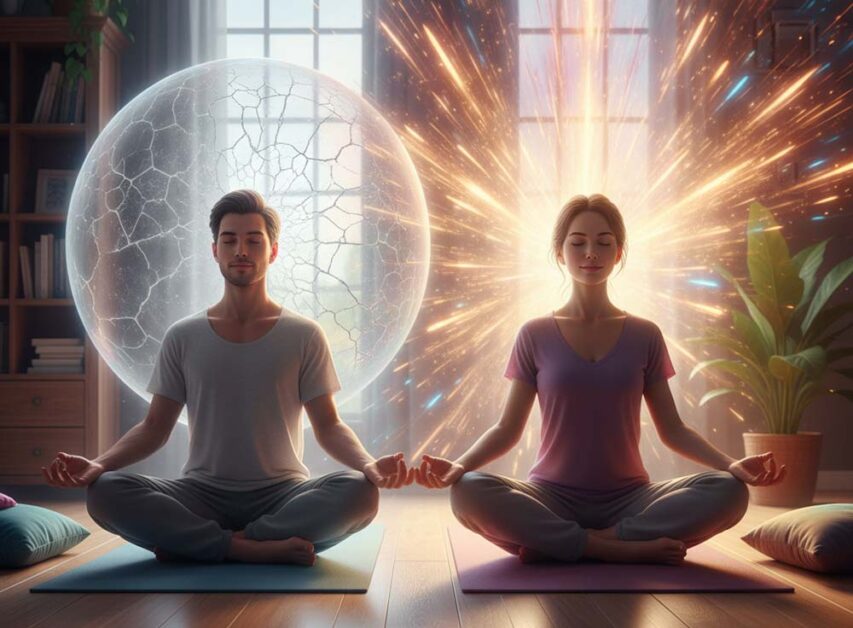 Man and woman meditating showing stress and empowered transformation