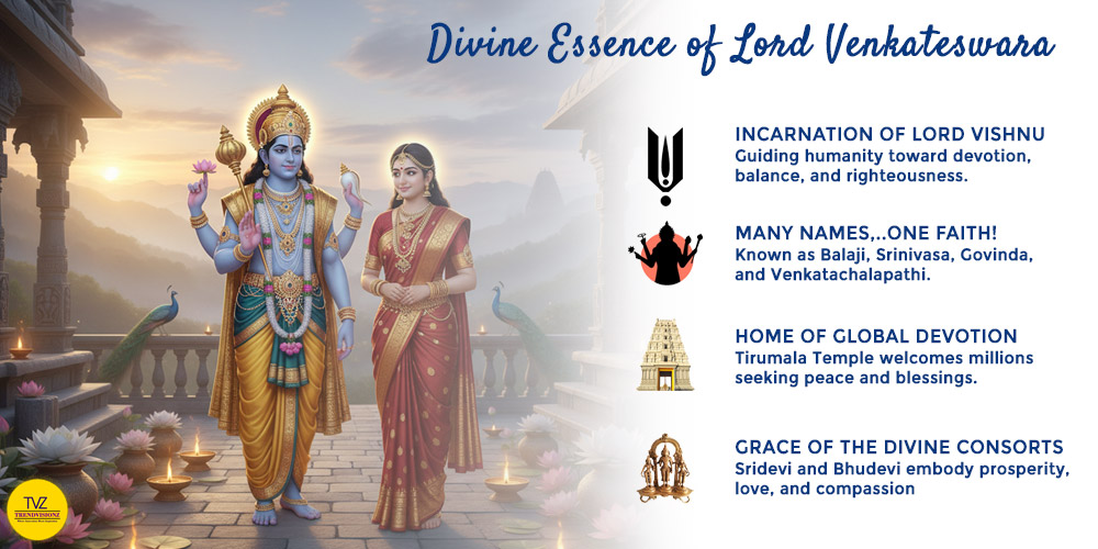 Lord Venkateswara and Padmavati with divine infographic elements