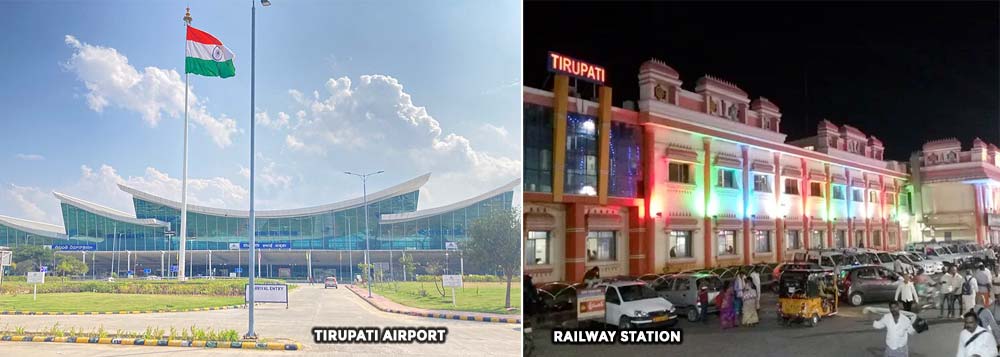 Tirupati Airport and illuminated Railway Station connecting pilgrims to temple