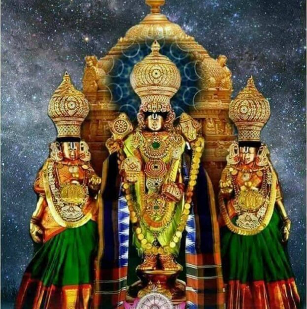 Lord Venkateswara with Sridevi and Bhudevi adorned in jewels