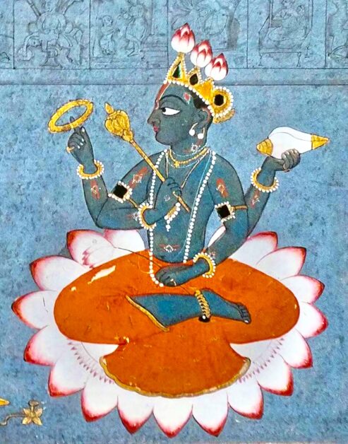 Ancient painting of Lord Vishnu holding chakra and conch