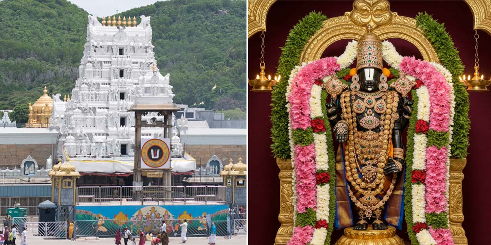 Tirumala Temple exterior and Lord Venkateswara deity adorned with flowers