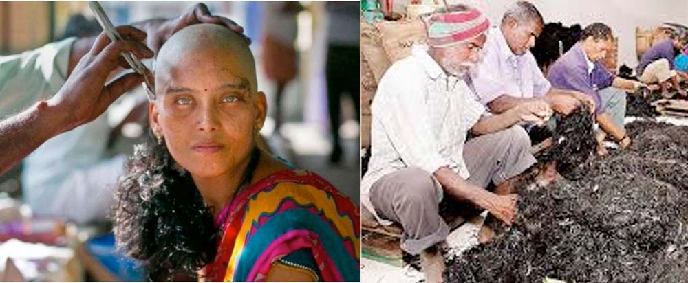 Pilgrim shaving head at Tirupati and workers sorting hair