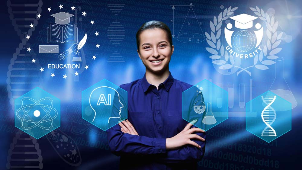 Confident student surrounded by AI and education technology icons