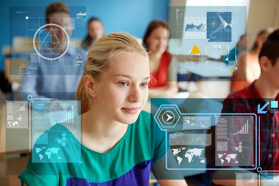 Student learning with futuristic data visualization overlays