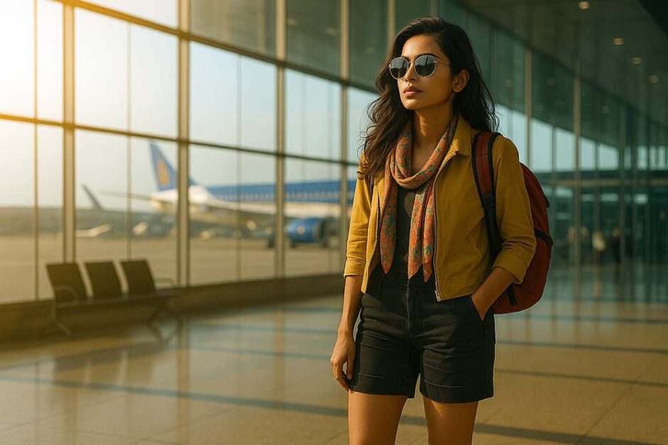 Indian woman traveller walking confidently through airport terminal sunlight