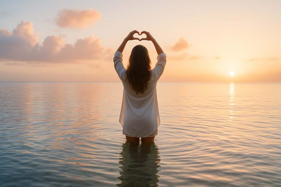 Woman stands in ocean sunrise symbolising freedom and mindfulness.