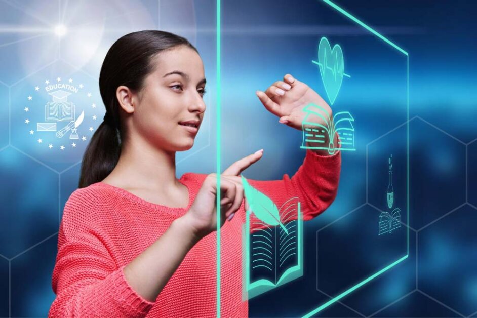Student interacting with virtual screen in futuristic classroom