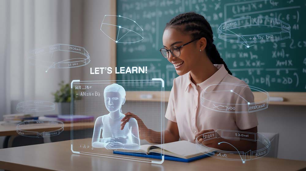 Teacher using holographic AI avatar in smart classroom