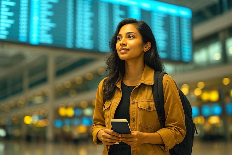 Indian woman traveller at airport checking flight board confidently