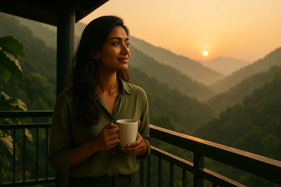 Indian woman traveller overlooking sunrise in Rishikesh, symbolising empowerment and mindful travel.