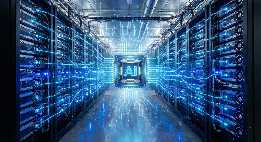 AI datacenter with GPU servers powering large-scale compute systems