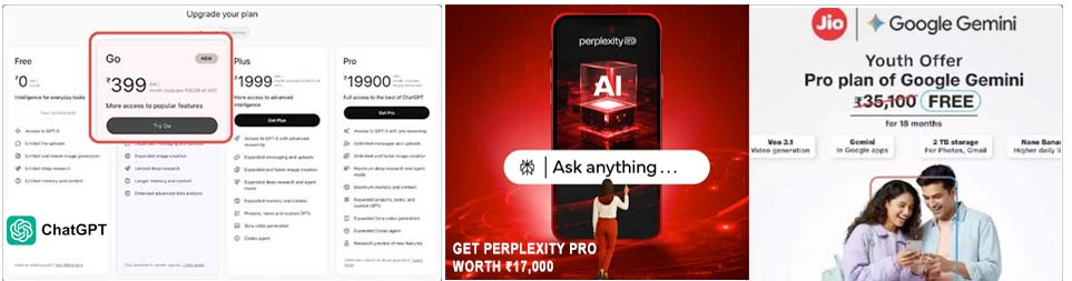 AI freemium offers from ChatGPT, Perplexity, and Jio