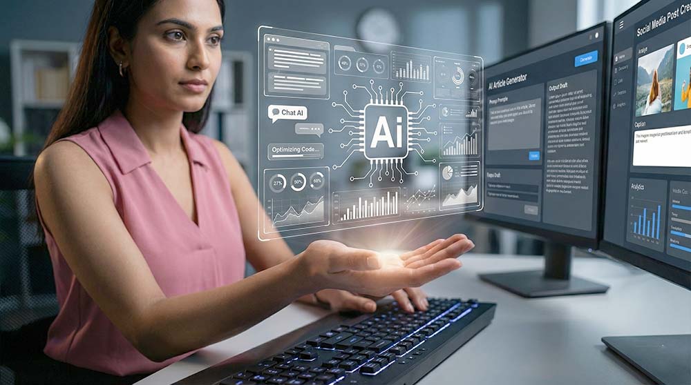 Indian woman using digital AI tools on screen in modern workspace
