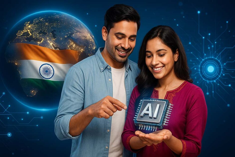 Young Indian couple holding AI chip with digital India background
