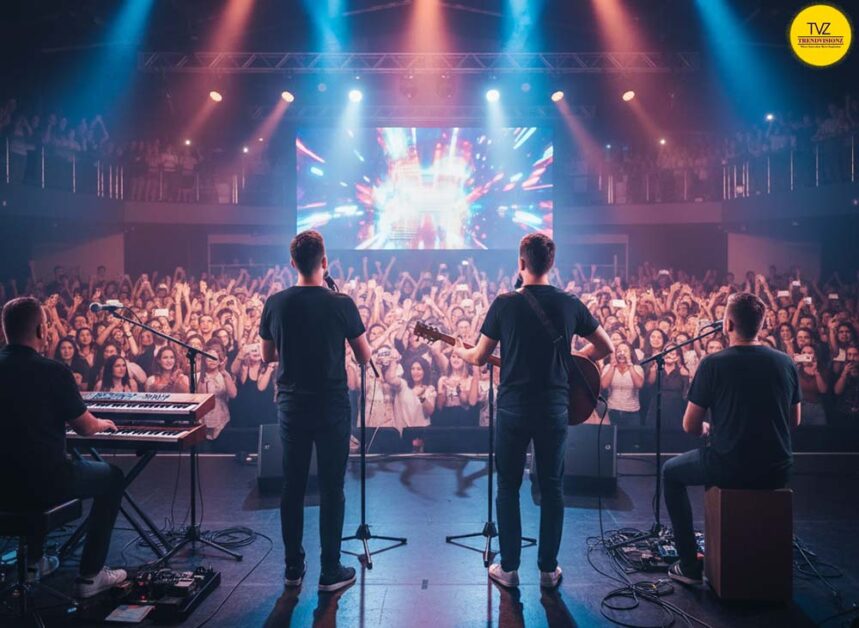 Young band performing bhajans for energetic Indian audience indoors