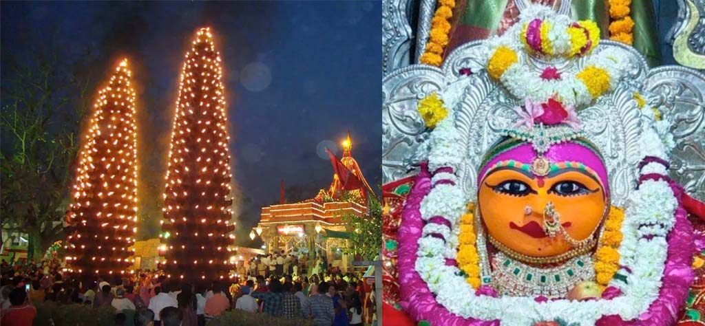 Harsiddhi Temple Ujjain deepstambha lamps glowing during evening aarti