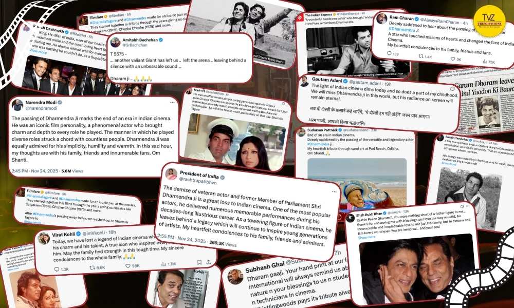 Tribute collage featuring tweets and messages for Dharmendra from leaders, actors, cricketers and industry icons.
