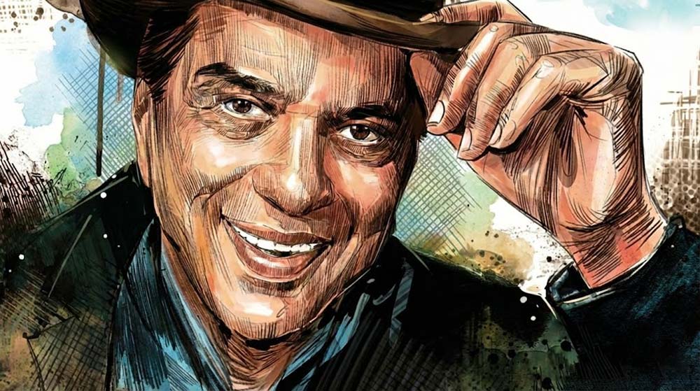 Artistic sketch portrait of Dharmendra smiling in his signature style