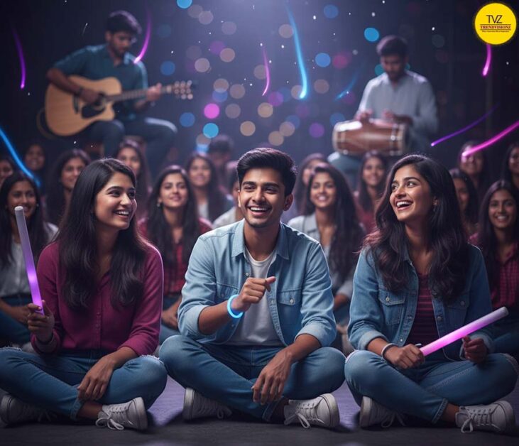 Indian youth enjoying mindful bhajan night with glowing visuals
