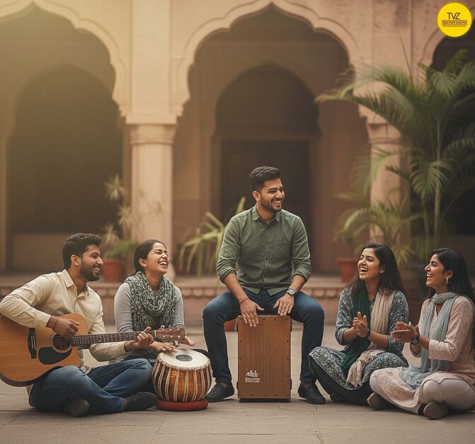 Young Indians performing acoustic bhajans together in peaceful courtyard setting