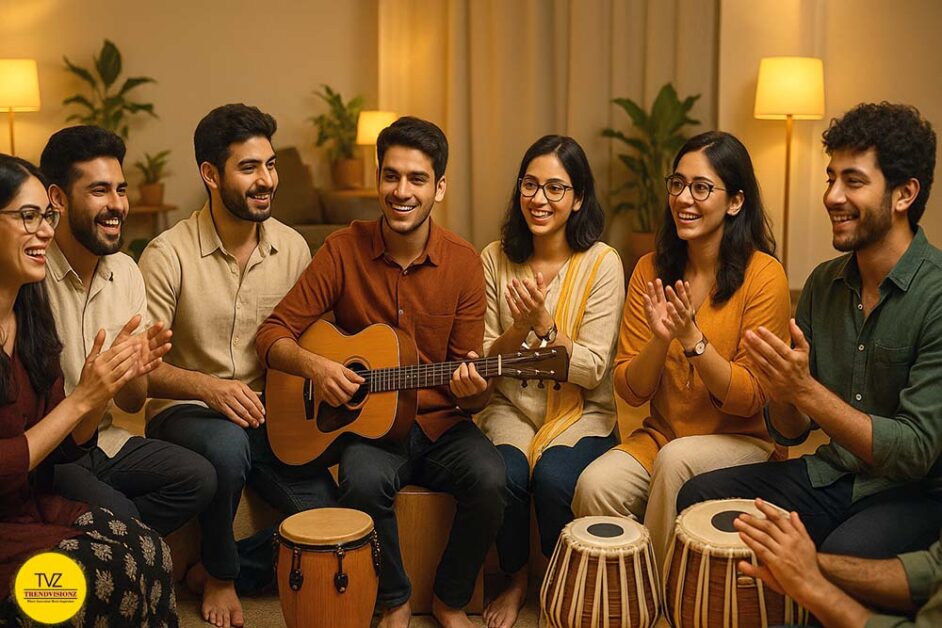 Indian youth singing bhajans together during warm indoor session
