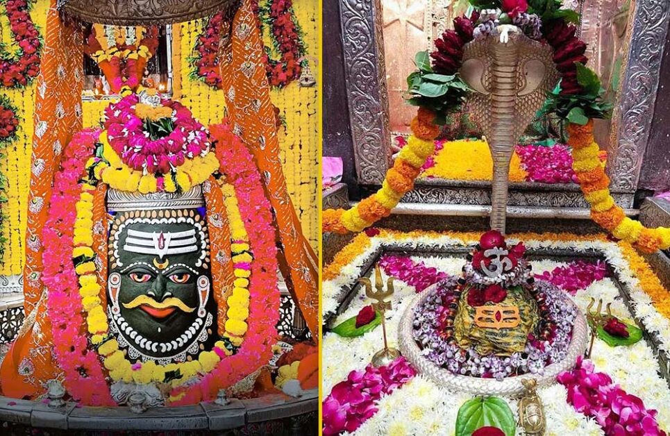 Decorated Mahakaleshwar and Omkareshwar Jyotirlinga sanctums symbolizing time and creation