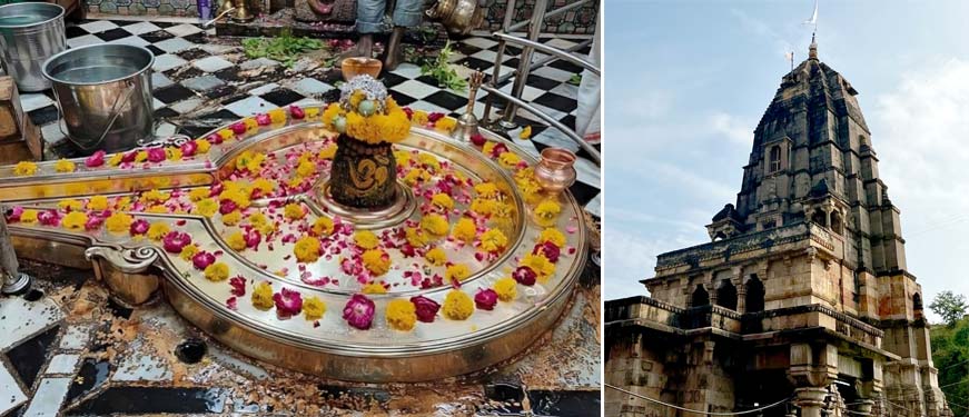 Mamleshwar Jyotirlinga temple interior and sacred Shiva lingam adorned.