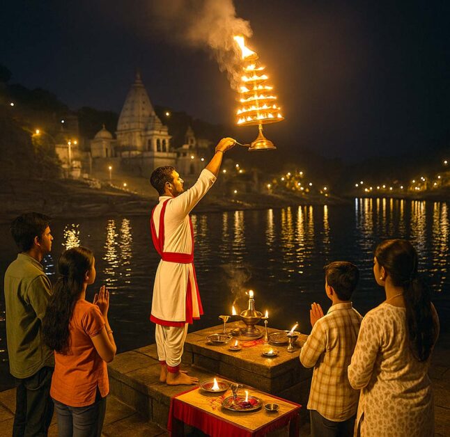 Priest performing Narmada Aarti in white and red attire at Omkareshwar ghat