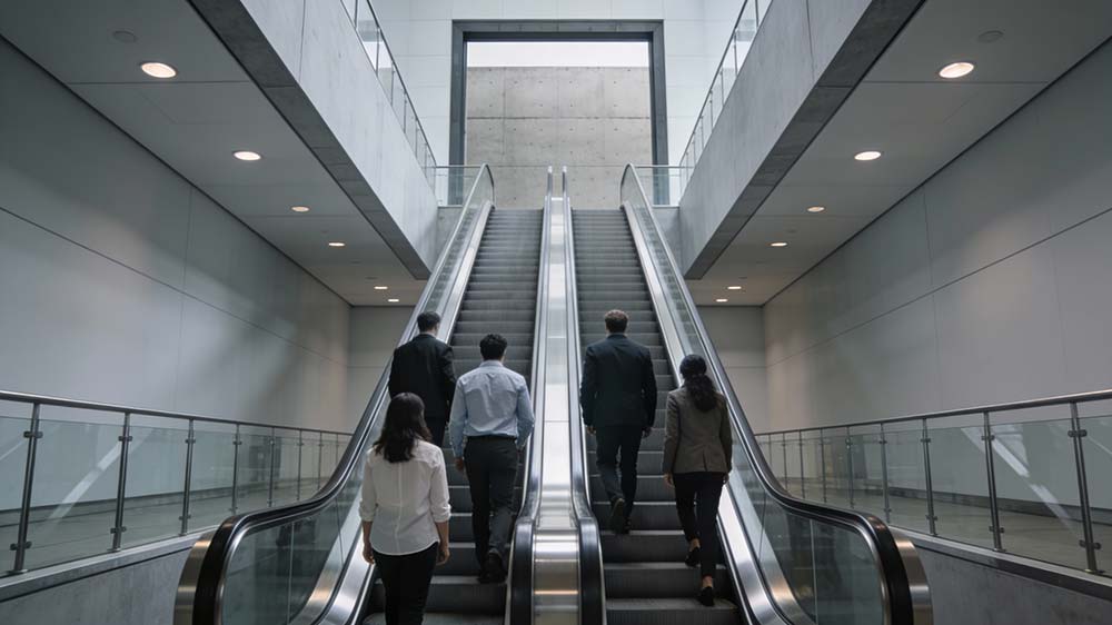 Professionals moving upward on escalator ending at wall
