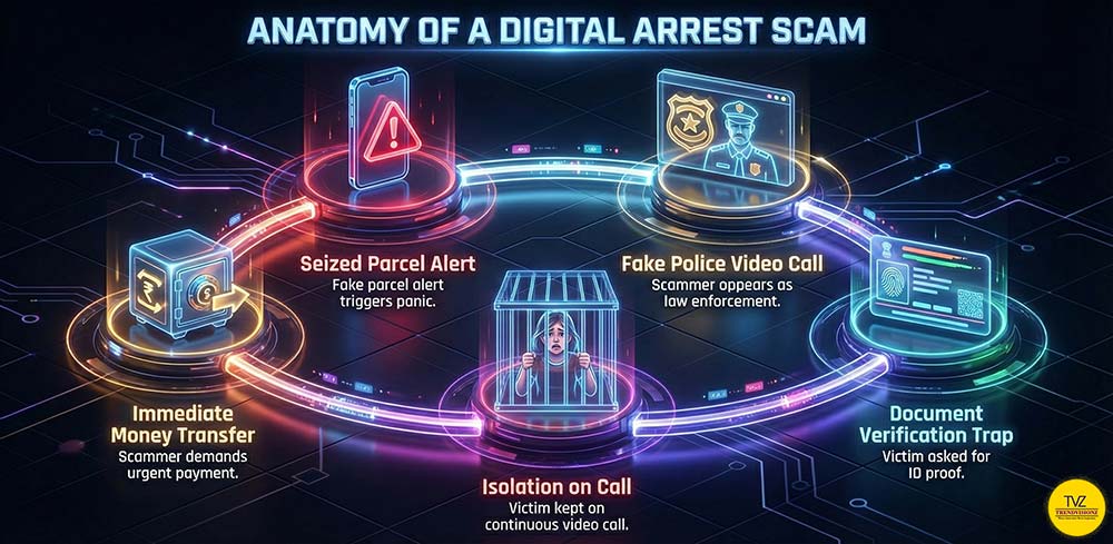 Circular infographic showing five key stages of digital arrest scams