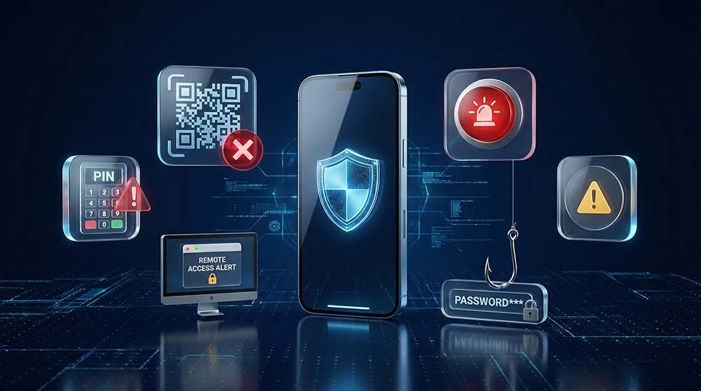 Neon icons showing major digital payment security vulnerabilities for users