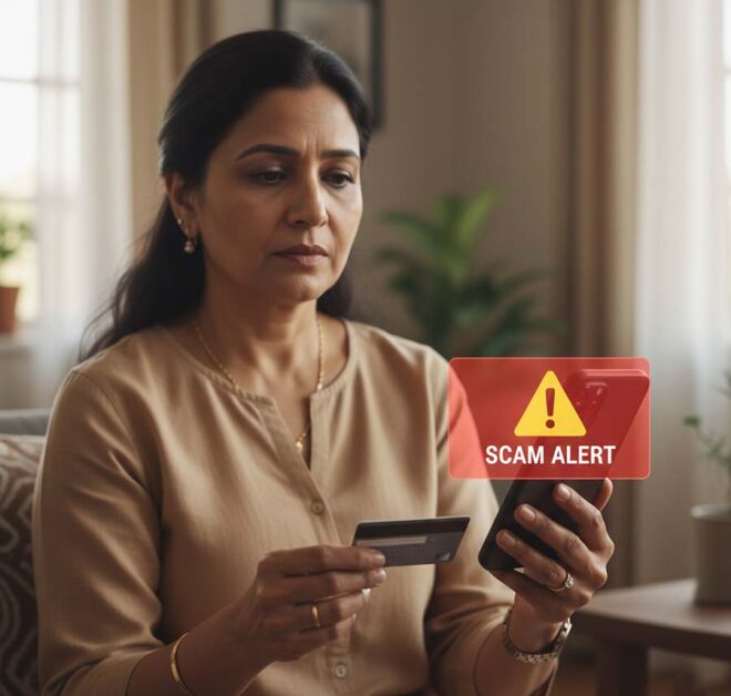 Indian lady holding phone and card with digital scam warning overlay