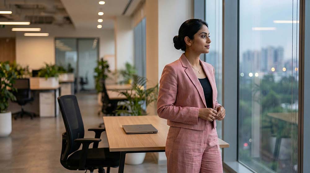 Indian professional in corporate office reflecting on lifestyle health risks