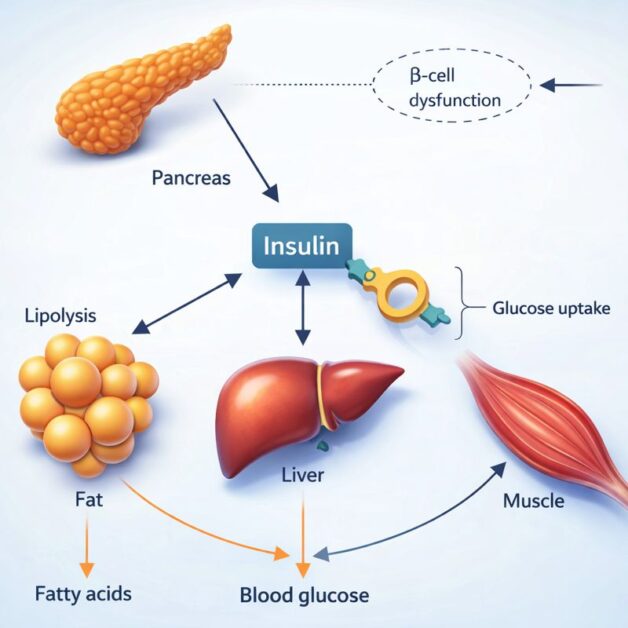 Diagram showing insulin effects on liver muscle fat glucose