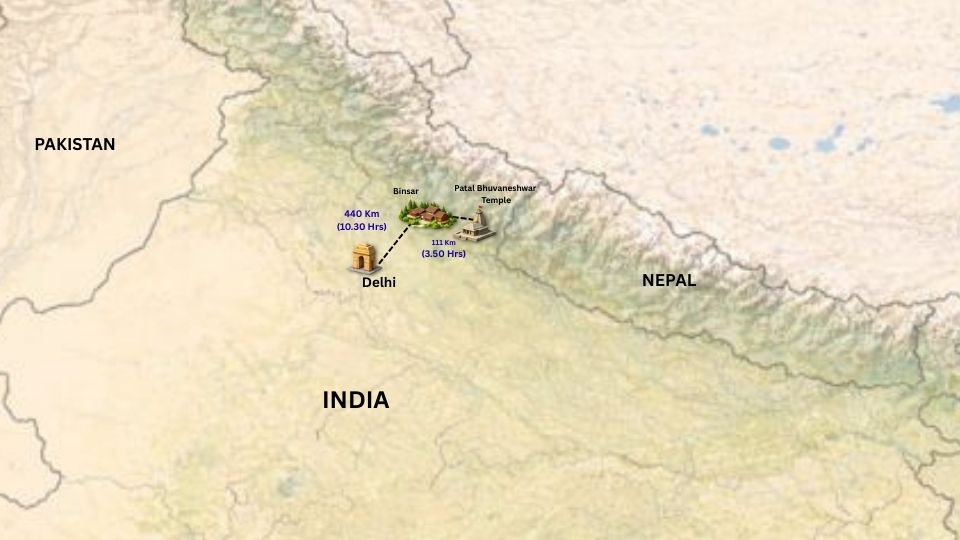 Delhi to Patal Bhuvaneshwar route map via Binsar