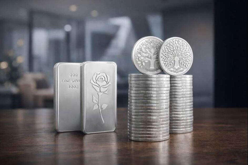 Stacked silver coins and bars representing long term silver investment