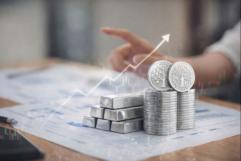 Silver coins and bars with growth charts showing demand
