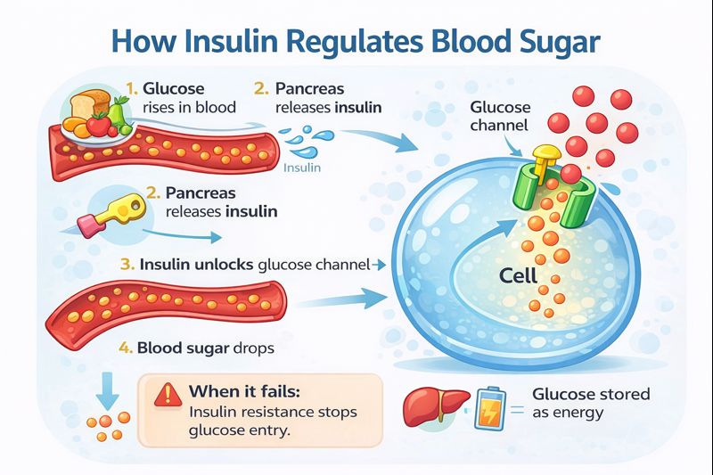 Diagram showing insulin unlocking glucose channel in cells