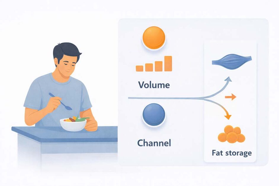 Illustration showing meal volume and glucose channeling to muscle or fat