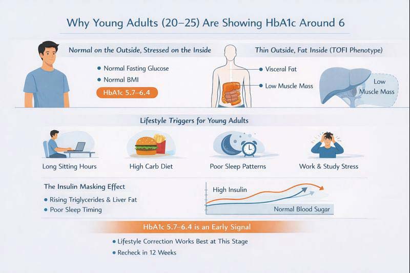 Infographic explaining HbA1c rise and insulin resistance in young adults