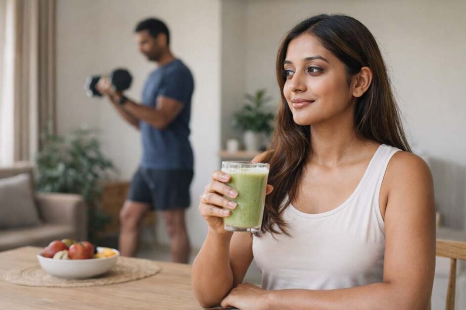 Woman drinking smoothie supporting muscle and metabolic health