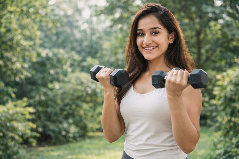 Woman over 40 doing strength training outdoors