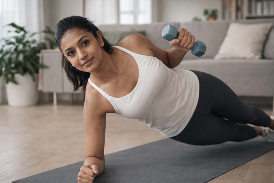 Woman doing side plank during menopause strength training