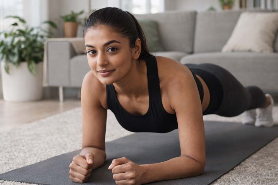 Woman doing plank to prevent muscle loss after 40
