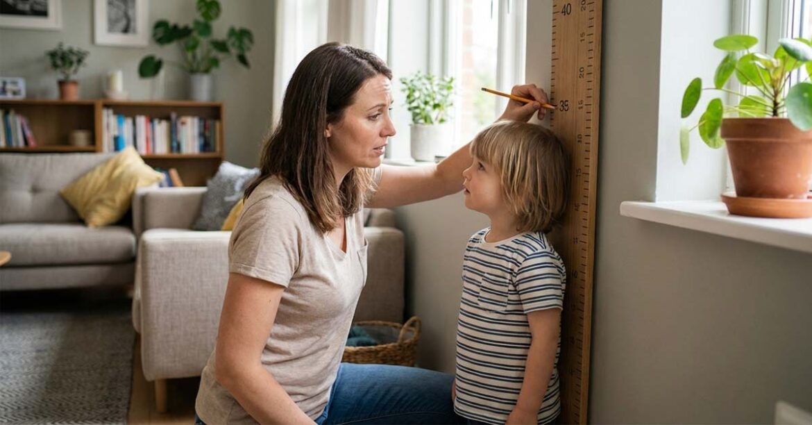 Parent measuring child height at home growth chart monitoring development
