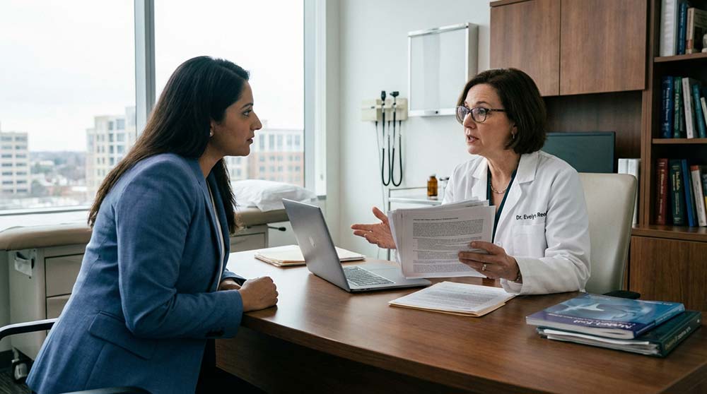 female doctor discussing medical report with patient in clinic