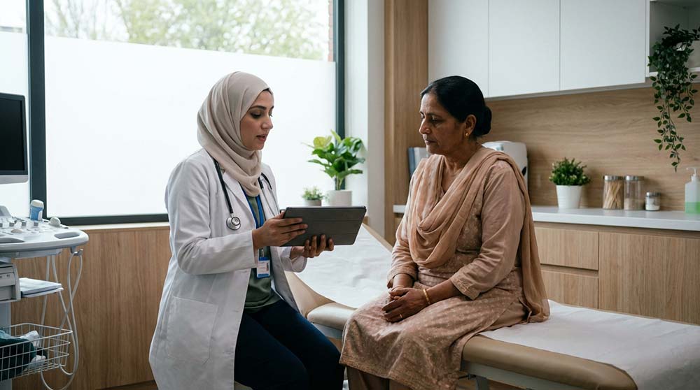 Female doctor consulting patient explaining medical report using tablet in clinic