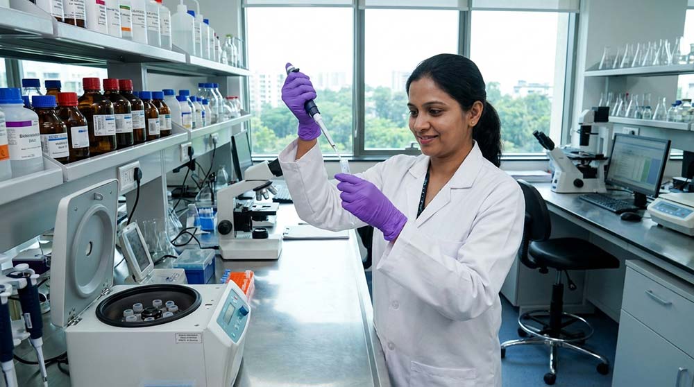 Indian female scientist performing gene therapy experiment using pipette in lab